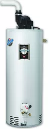 Defender brand tank water heater on white background.