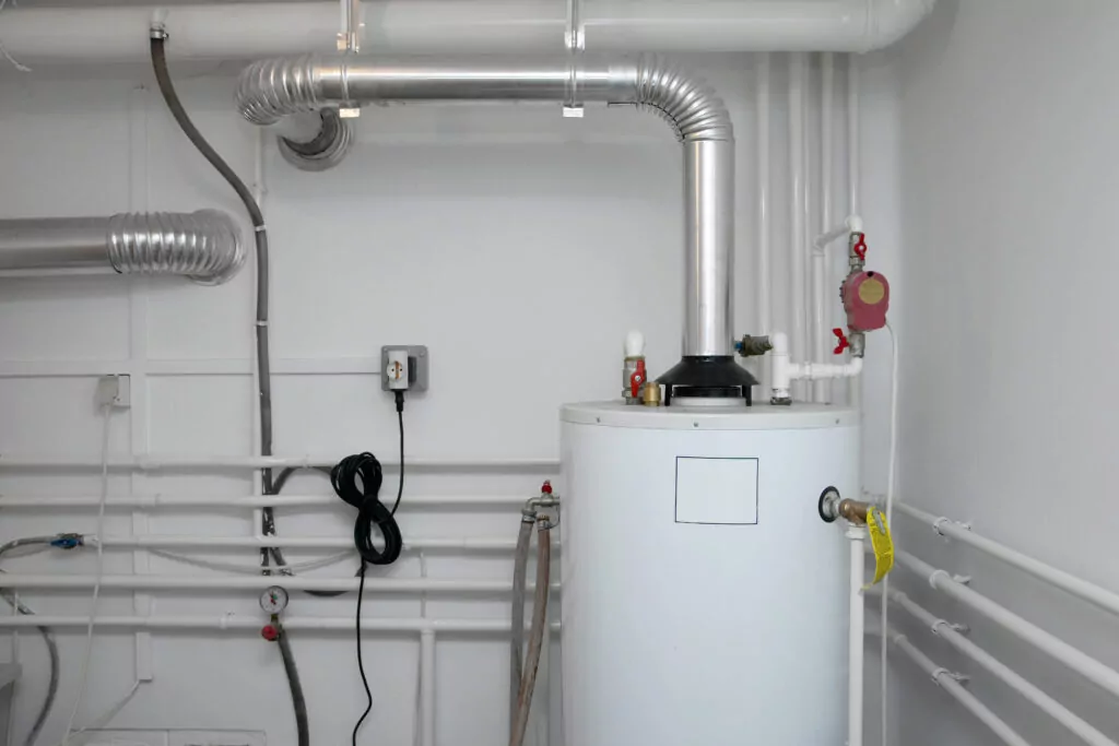 White tank water heater in a basement.